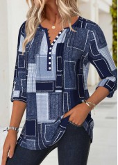 Navy Tummy Coverage Geometric Print Long Sleeve T Shirt | thumb picture 