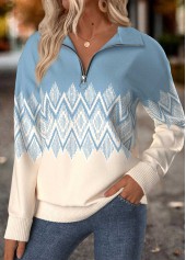 Dusty Blue Tummy Coverage Geometric Print Long Sleeve Sweatshirt