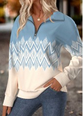 Dusty Blue Tummy Coverage Geometric Print Long Sleeve Sweatshirt | thumb picture 