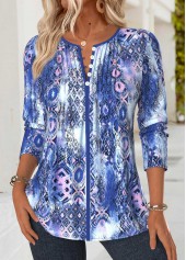 Purplish Blue Tummy Coverage Tribal Print Long Sleeve Blouse