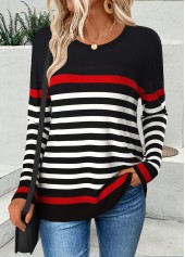 Black Curved Hem Striped Long Sleeve T Shirt