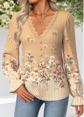 Light Coffee Curved Hem Floral Print Long Sleeve Blouse