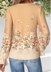 Light Coffee Curved Hem Floral Print Long Sleeve Blouse | thumb picture 
