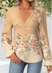 Light Coffee Curved Hem Floral Print Long Sleeve Blouse | thumb picture 