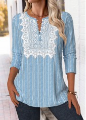 Light Blue Tuck Stitch Long Sleeve Split Neck Blouse
