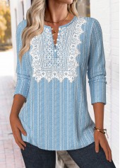 Light Blue Tuck Stitch Long Sleeve Split Neck Blouse | thumb picture 
