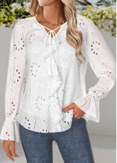 White Ruffle Long Sleeve Split Neck Blouse | thumb picture 