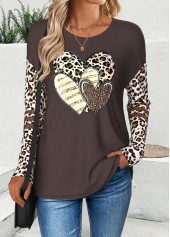 Dark Coffee Curved Hem Leopard Long Sleeve T Shirt
