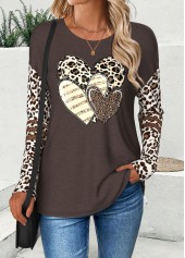 Dark Coffee Curved Hem Leopard Long Sleeve T Shirt | thumb picture 