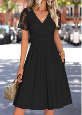 Black Tummy Coverage Short Sleeve V Neck Dress