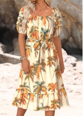 Beige Tummy Coverage Tropical Plants Print Belted Dress