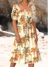 Beige Tummy Coverage Tropical Plants Print Belted Dress | thumb picture 