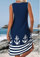 Dark Blue Seamless Striped Short Sleeveless Round Neck Dress | thumb picture 