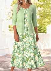 Light Green Tummy Coverage Floral Print Dress and Cardigan