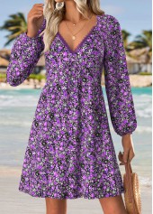 Purple Tummy Coverage Ditsy Floral Print Short Dress
