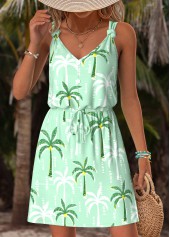 Light Green Tummy Coverage Tropical Plants Print Short Dress