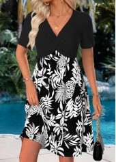 Black Tummy Coverage Leaf Print Short V Neck Dress
