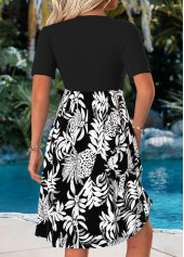 Black Tummy Coverage Leaf Print Short V Neck Dress | thumb picture 