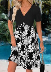 Black Tummy Coverage Leaf Print Short V Neck Dress | thumb picture 