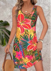 Multi Color Tummy Coverage Tropical Plants Print Short Dress
