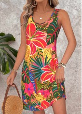 Multi Color Tummy Coverage Tropical Plants Print Short Dress | thumb picture 
