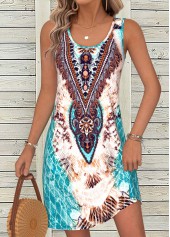 Multi Color Tummy Coverage Tribal Print Short Sleeveless Dress