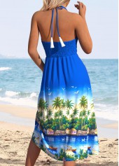 Blue Tummy Coverage Tropical Plants Print Sleeveless Halter Dress | thumb picture 