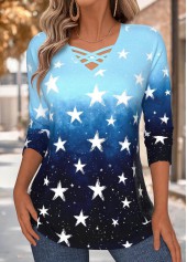 Sky Blue Tummy Coverage Geometric Print T Shirt