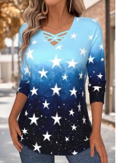 Sky Blue Tummy Coverage Geometric Print T Shirt | thumb picture 