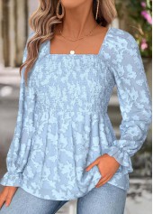 Light Blue Peplum Long Sleeve Square Neck Blouse | thumb picture 