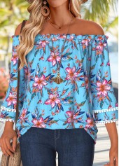 Sky Blue Tummy Coverage Floral Print 3/4 Sleeve Blouse