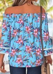 Sky Blue Tummy Coverage Floral Print 3/4 Sleeve Blouse | thumb picture 