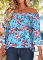Sky Blue Tummy Coverage Floral Print 3/4 Sleeve Blouse | thumb picture 