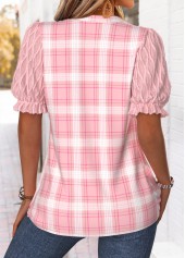 Pink Patchwork Plaid Short Sleeve Split Neck Blouse | thumb picture 