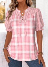 Pink Patchwork Plaid Short Sleeve Split Neck Blouse