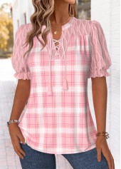 Pink Patchwork Plaid Short Sleeve Split Neck Blouse | thumb picture 