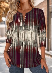 Multi Color Button Geometric Print Long Sleeve Blouse