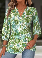 Green Tummy Coverage Floral Print 3/4 Sleeve Blouse