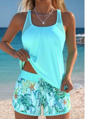 Plus Size Mid Waisted Tummy Coverage Cyan Tankini Set