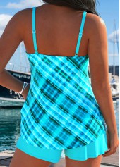 Tummy Coverage Mid Waisted Plaid Cyan Tankini Set | thumb picture 