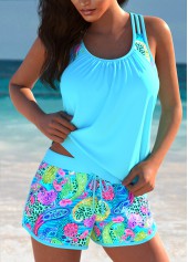 Tummy Coverage High Waisted Paisley Print Cyan Tankini Set | thumb picture 