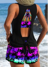 Three-piece Mid Waisted Tropical Plants Print Black Tankini Set