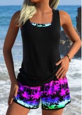 Three-piece Mid Waisted Tropical Plants Print Black Tankini Set | thumb picture 