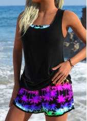 Three-piece Mid Waisted Tropical Plants Print Black Tankini Set | thumb picture 