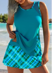 Tummy Coverage High Waisted Plaid Peacock Blue Tankini Set
