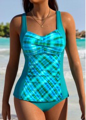 Patchwork Mid Waisted Plaid Peacock Blue Tankini Set | thumb picture 