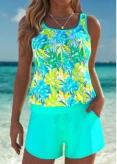 Tummy Coverage Mid Waisted Tropical Plants Print Tankini Set