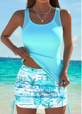 Tummy Coverage Mid Waisted Tropical Plants Print Tankini Set