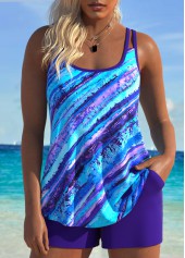 Tummy Coverage Mid Waisted Multi Stripe Print Tankini Set