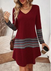 Wine Red Tummy Coverage Geometric Print Long Sleeve Dress | thumb picture 